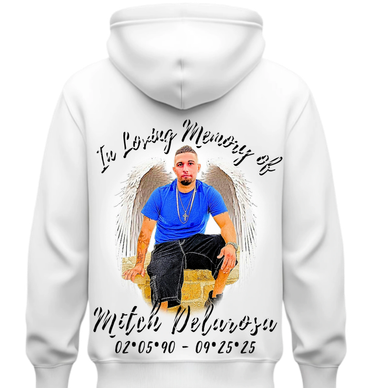 Memorial hoodie featuring a man and dates, honoring Mitch Delarosa.