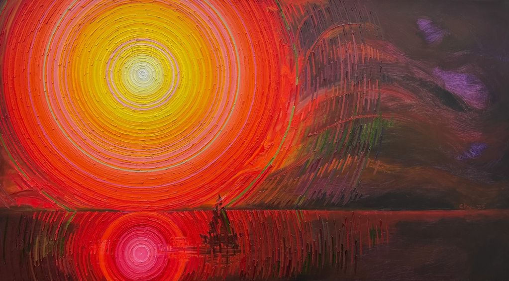 Abstract painting of a large circular sun with reflection on water.