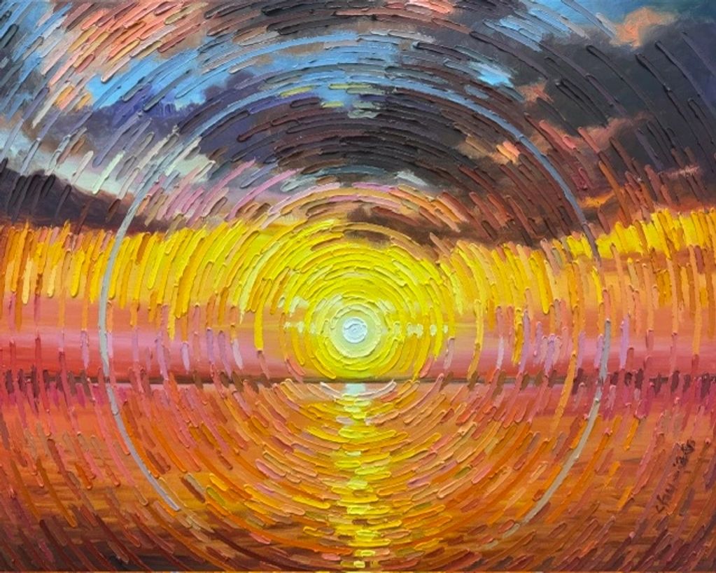 Abstract painting of a colorful sunset with a circular texture.