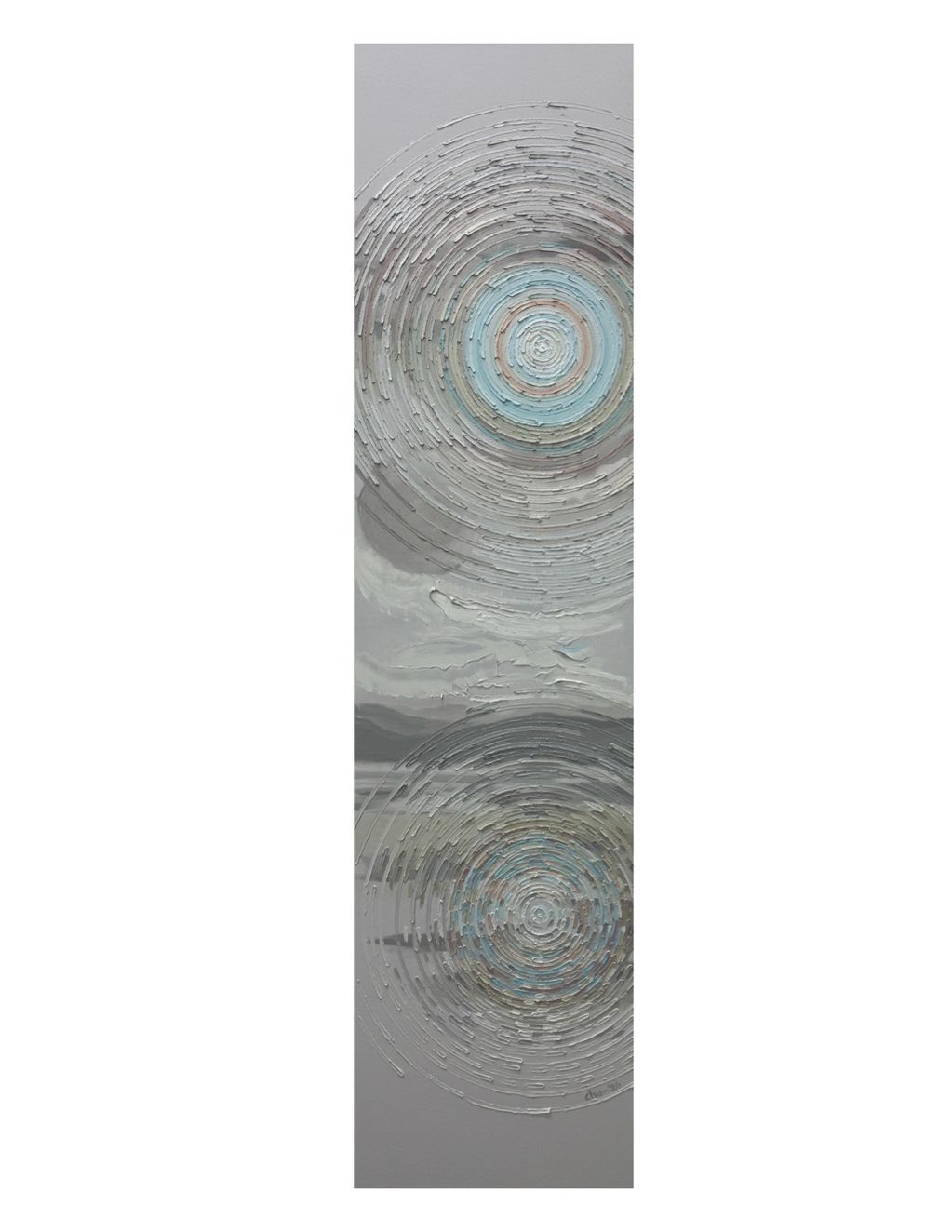 Abstract painting with textured concentric circles in muted colors.