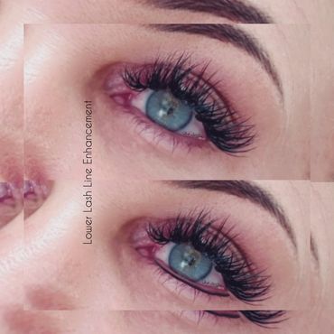 Close-up of eyes with enhanced lower lash lines and long eyelashes.