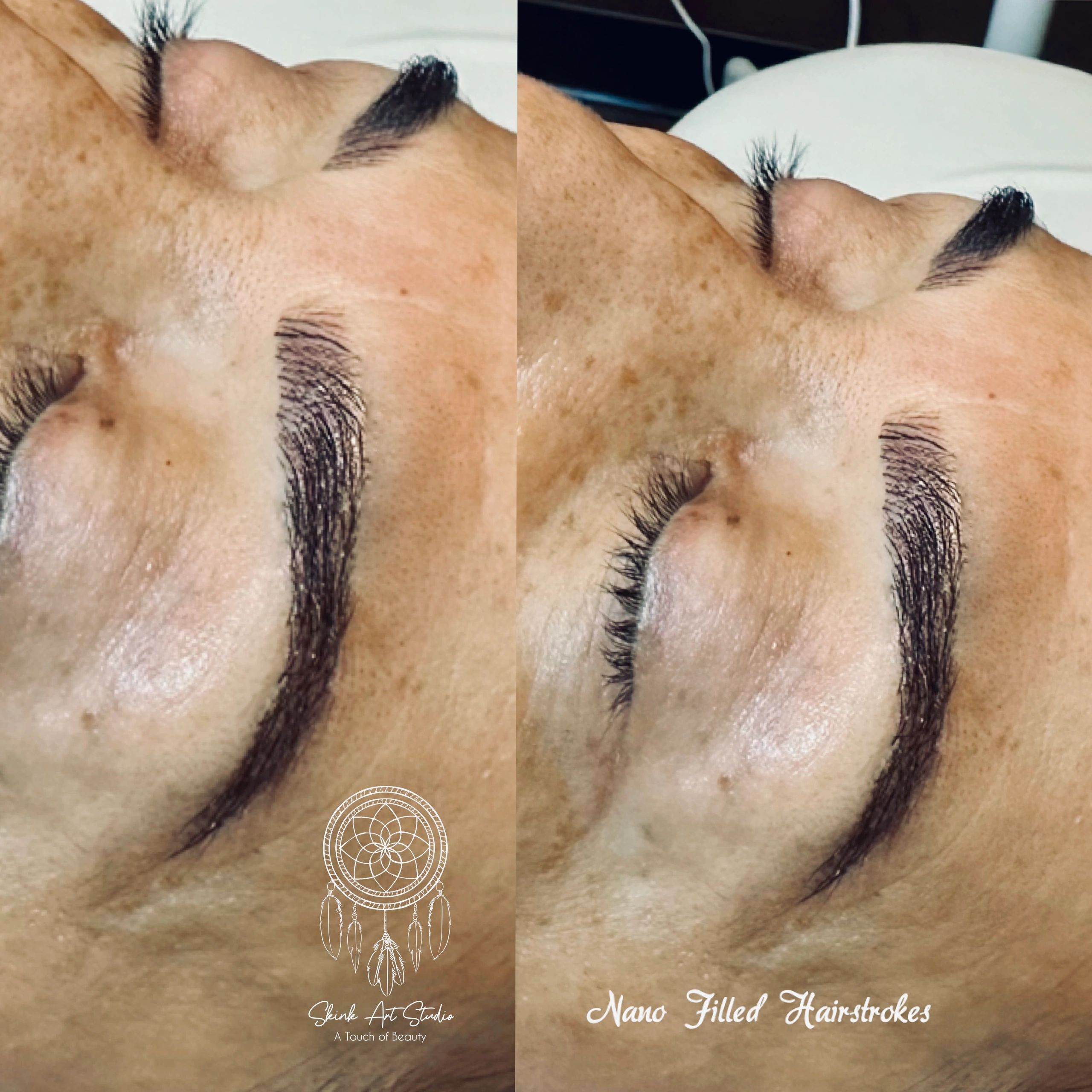 Close-up of eyebrows before and after nano filled hairstrokes treatment.