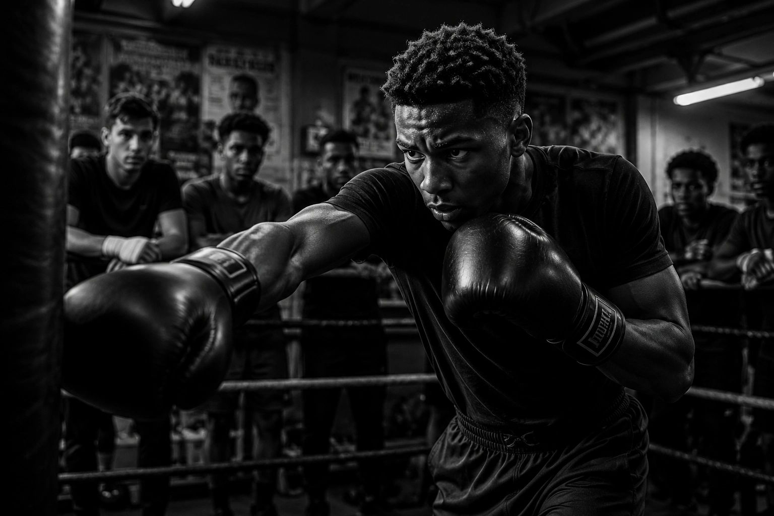 Boxer training intensely with focused expression.
