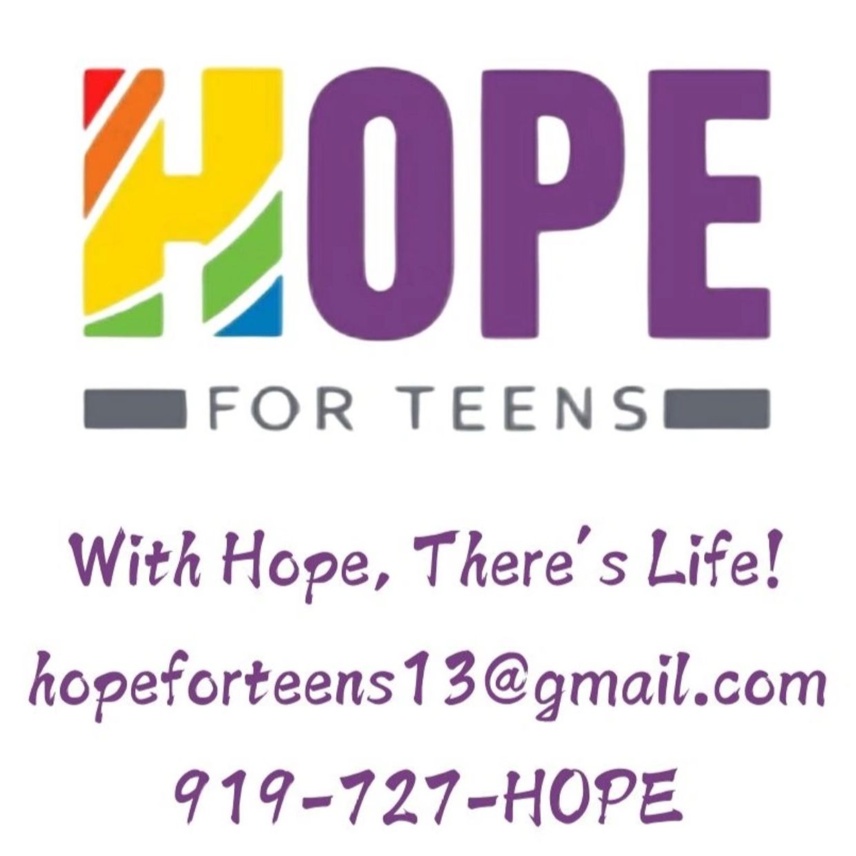 Colorful Hope for Teens logo with contact information and slogan.