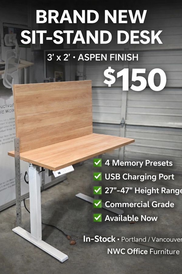 Budget sit-stand desk with Aspen wood top and white electric base, in stock at NWC Office Furniture.