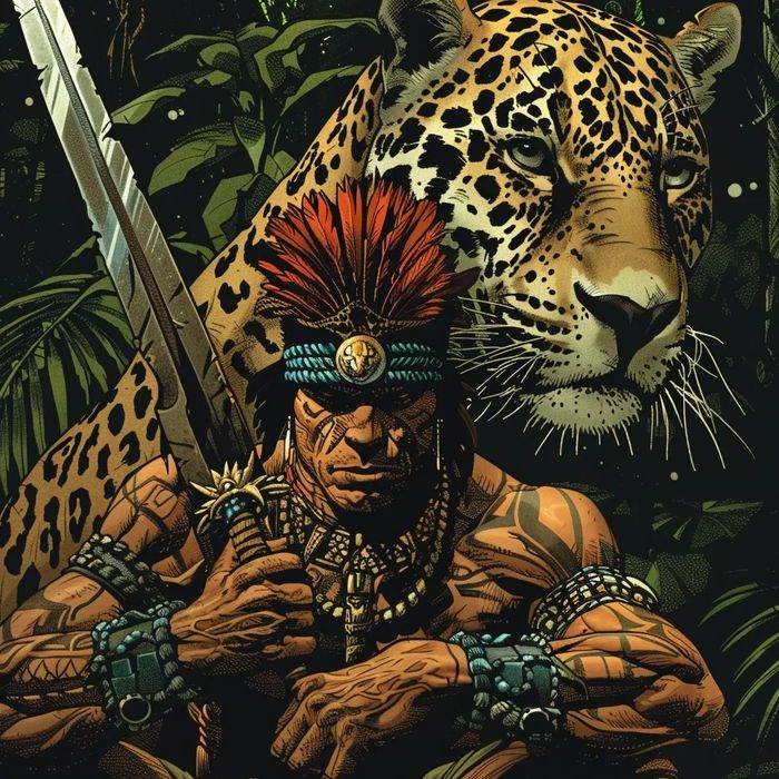 Un guerrero y un jagua. Imagen inspirada en el Guerrero Jaguar de la cultura Azteca o Mexica