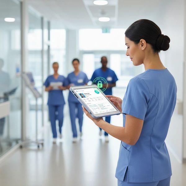 Nurse using tablet with secured patient data in hospital corridor.