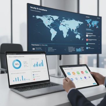 Person analyzing security and compliance data on tablet and laptop with a world map on a large screen.