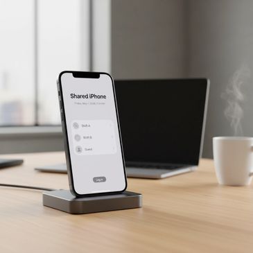 iPhone displaying shared device options on a desk with a laptop and coffee cup.