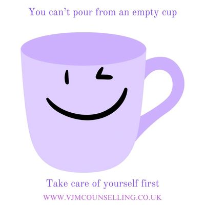 An empty cup with a smiley face, you can't pour from an empty cup, take care of yourself first.