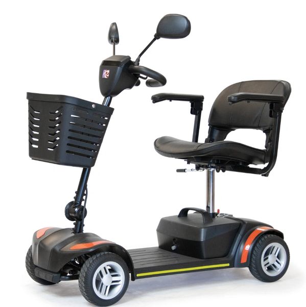 Black mobility scooter with a basket and adjustable armrests.