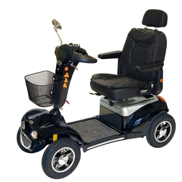 Black mobility scooter with padded seat and front basket.