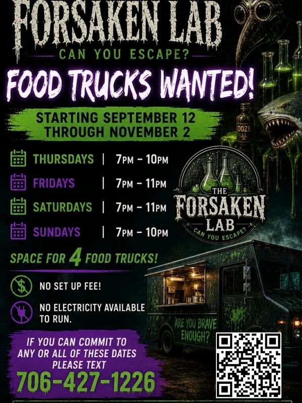 Forsaken Lab seeks food trucks starting September 12 to November 2.