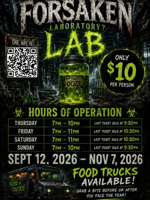 Forsaken Lab event with operating hours and $10 entry fee.