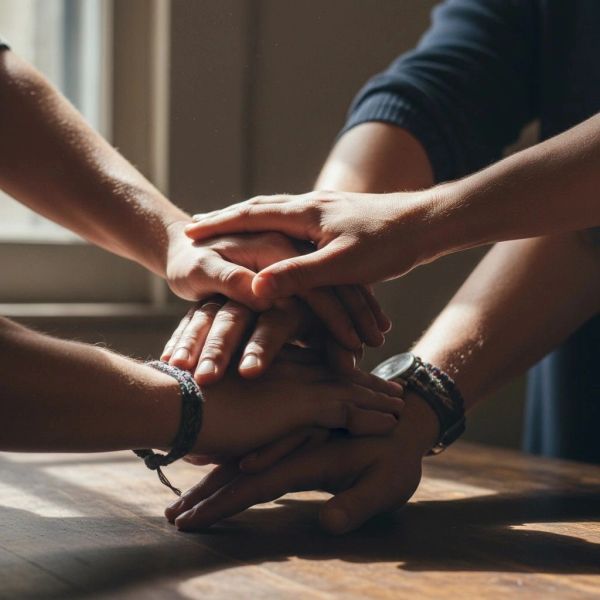 Multiple hands stacked together showing unity.