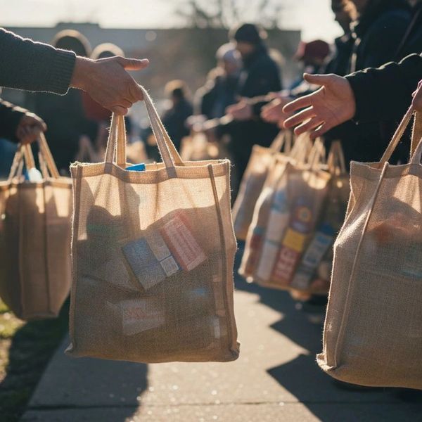 People exchanging bags filled with supplies outdoors in sunlight.
