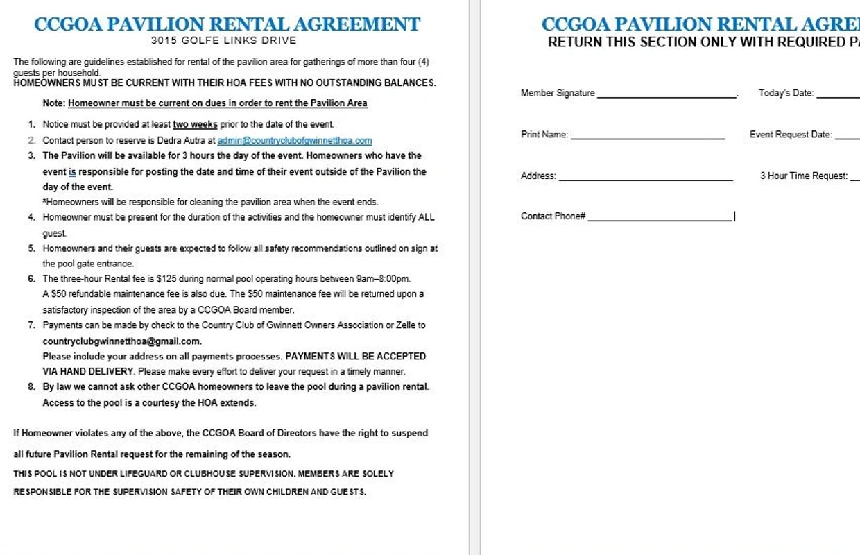 CCGOA Pavilion Rental Agreement with guidelines and rental details for homeowners.