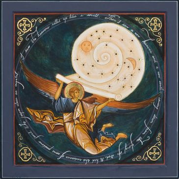 An angel holding a large spiral celestial object with stars, sun, and moon.