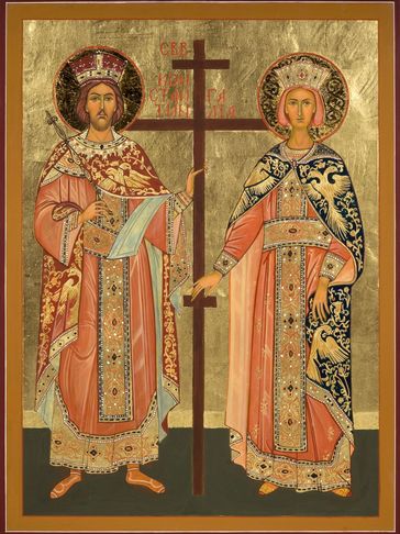 Religious icon of two saints holding a large cross, adorned in ornate robes and halos.