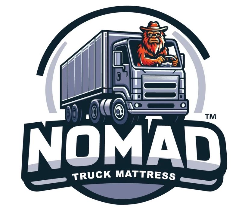 Logo of Nomad Truck Mattress featuring a truck driven by a bearded character.