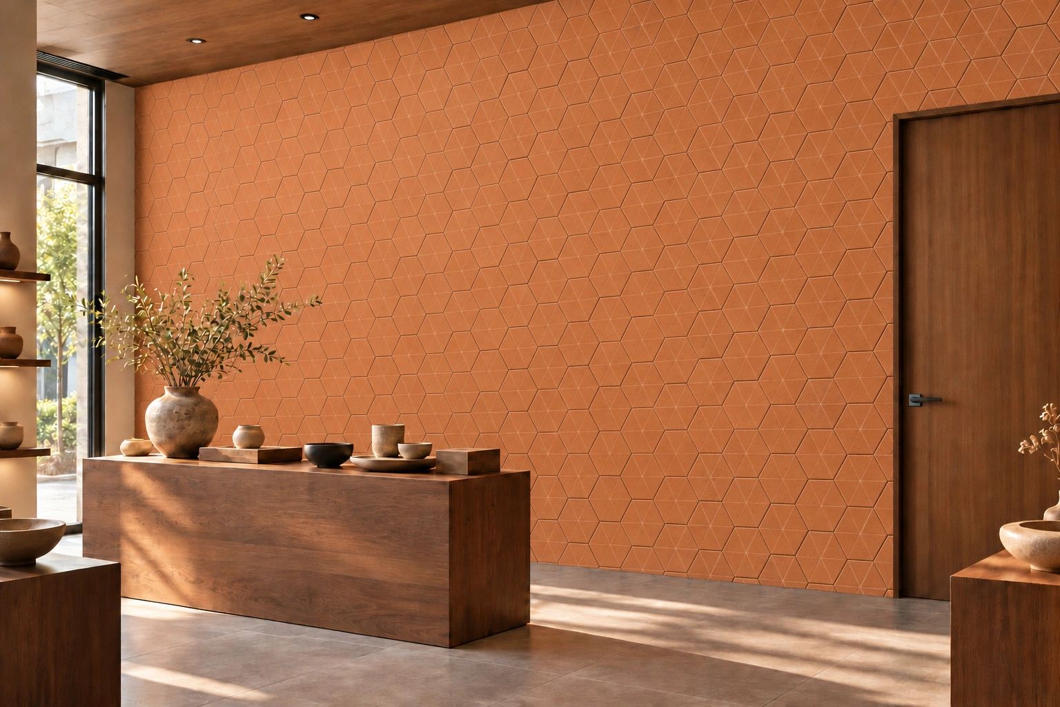 Earth Hex terracotta wall tiles in a contemporary interior - LY-PT-001 design visualization