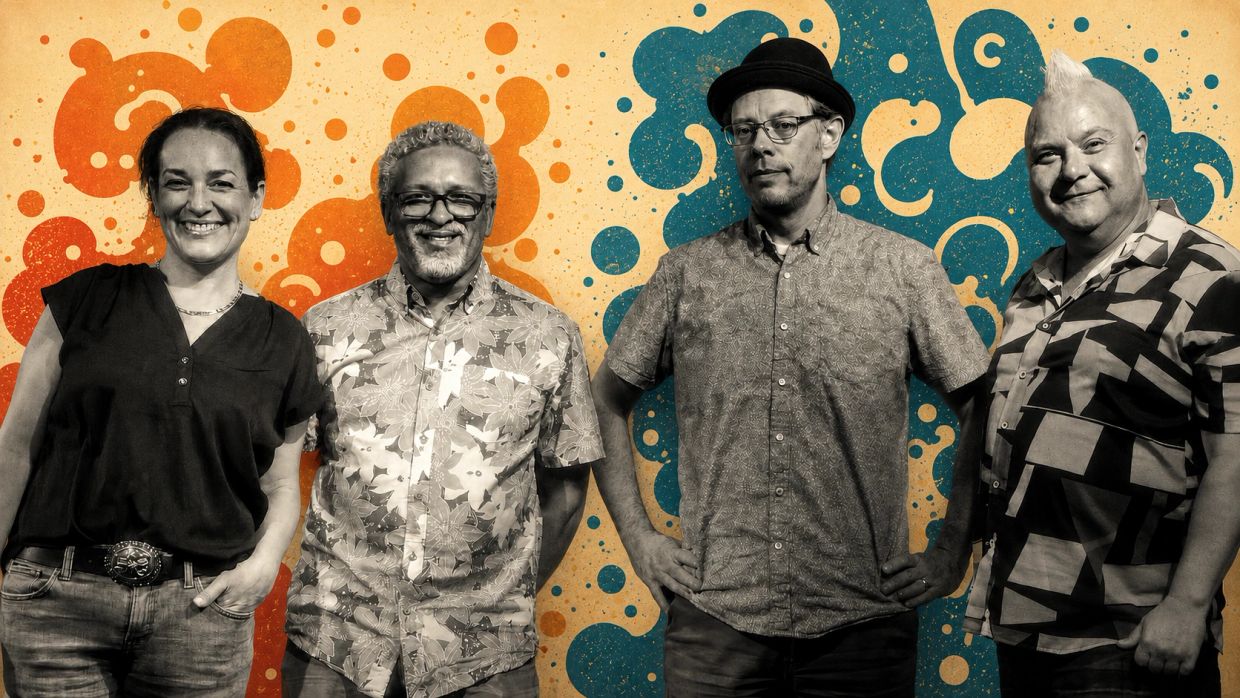 Four people standing with colorful abstract background, smiling and posing confidently.