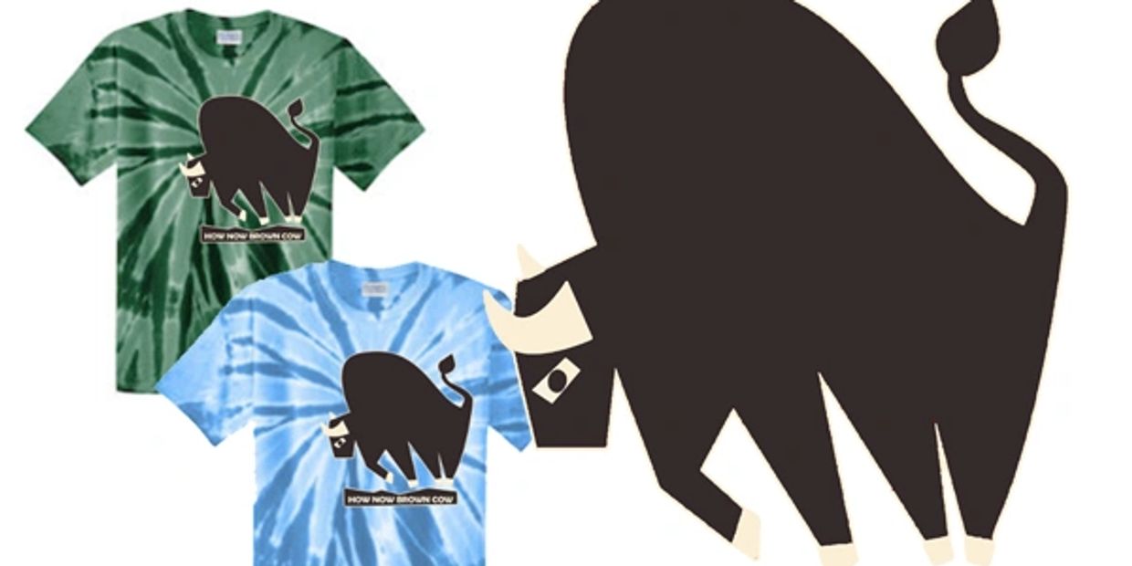 Tie-dye t-shirts featuring a stylized brown cow and 'How Now Brown Cow' text.