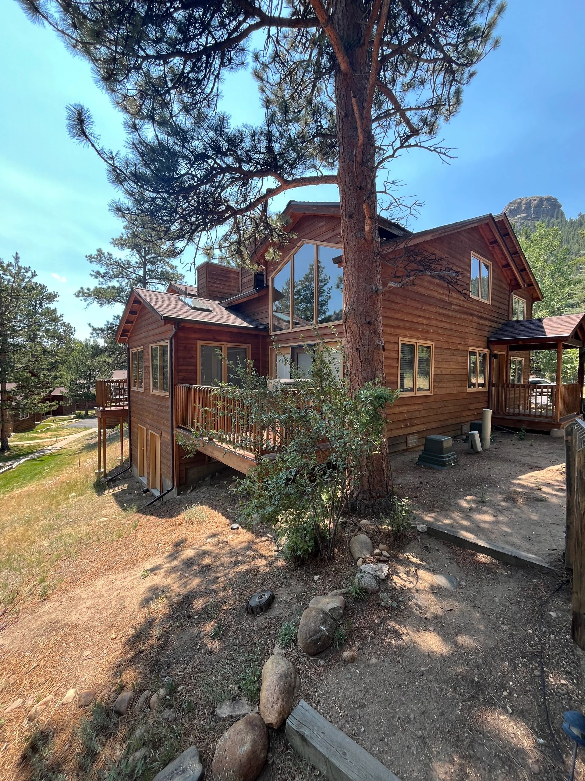A log cabin style hotel with a large tree in front of it.