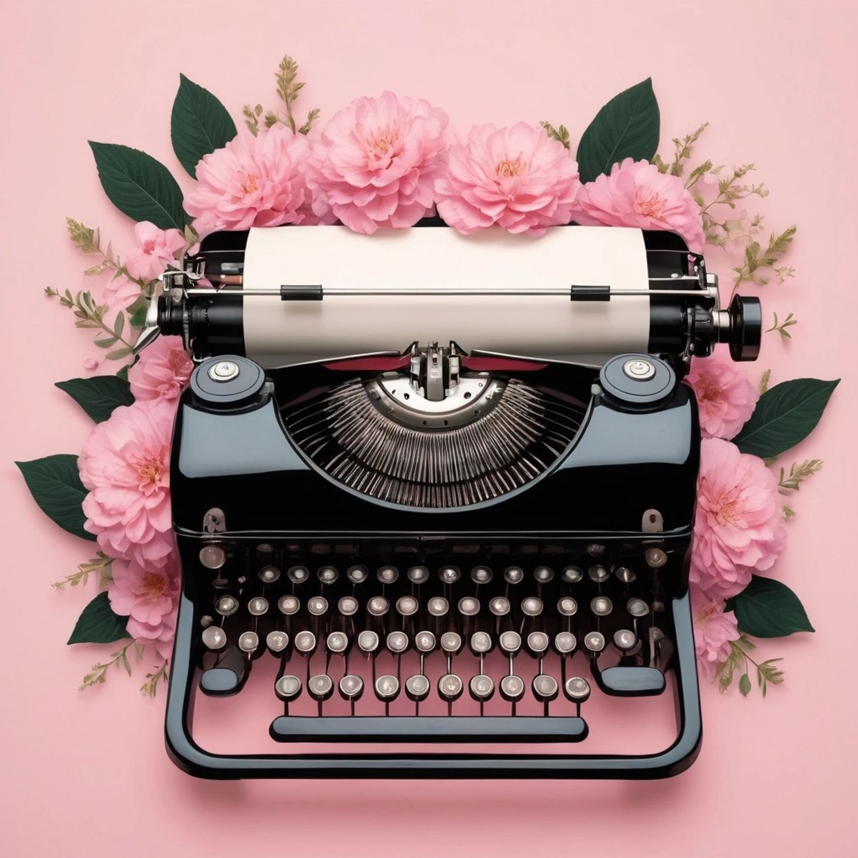a black vintage type writer set in a bed of pink flowers