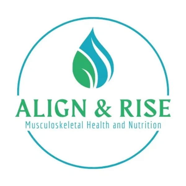 Align & Rise, Musculoskeletal Health and Nutrition. 
Water drop combined with leaf.