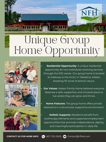 Unique residential group home opportunity in Talkeetna, Alaska, supporting individuals with IDD waiver.