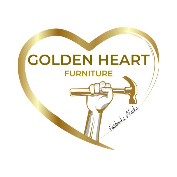 Golden Heart Furniture logo with a golden heart and hand holding a hammer.