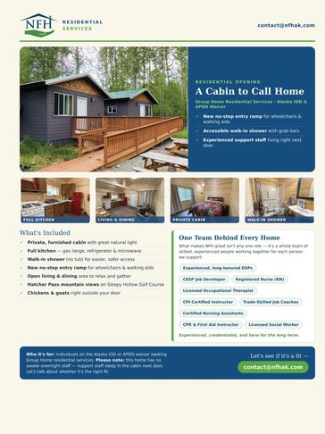 Cabin rental offering accessible residential services with private furnished cabin and full amenities.