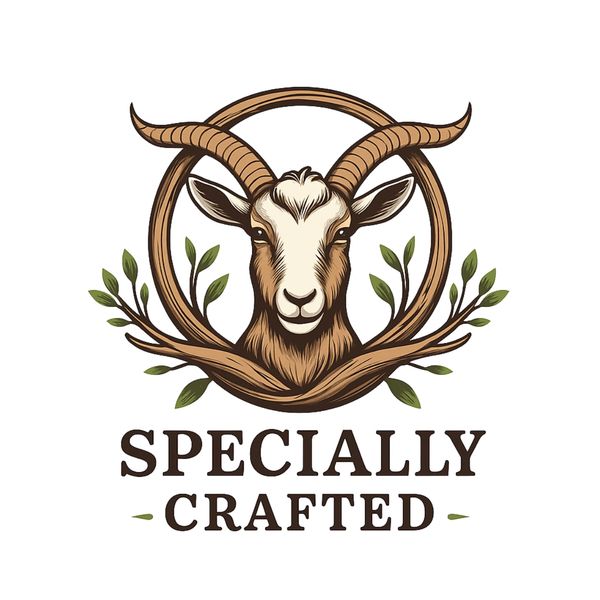 Illustration of a goat with horns encircled by branches, symbolizing 'Specially Crafted'.