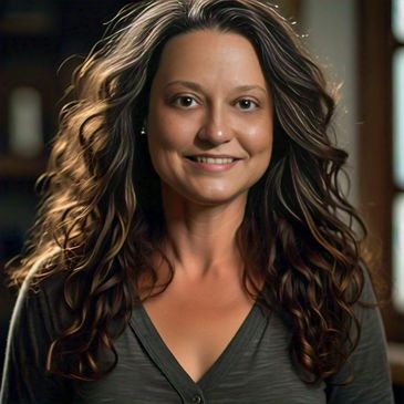 Woman with brown, curly hair wearing a V-neck top and smiling.