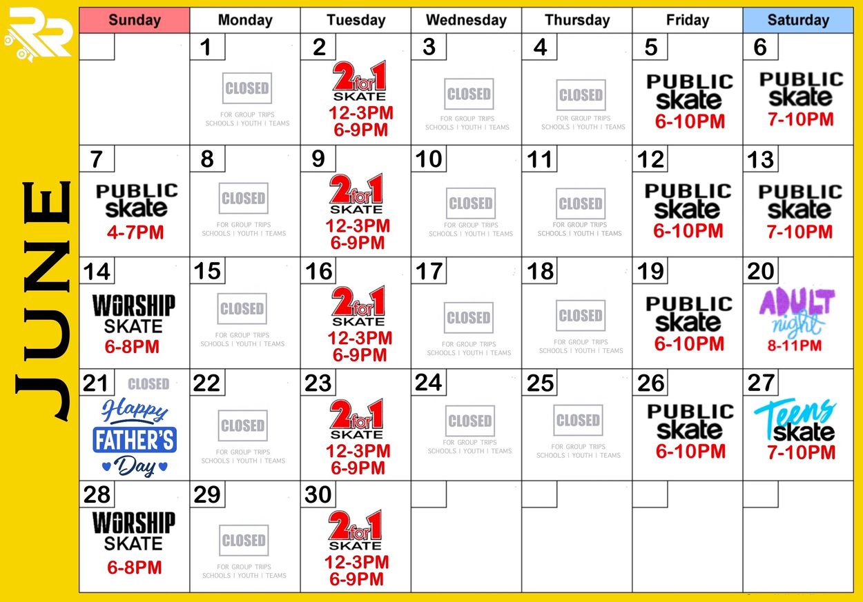 June skating schedule with public skate, 2-for-1 skate, worship skate, adult night, and teens skate events.
