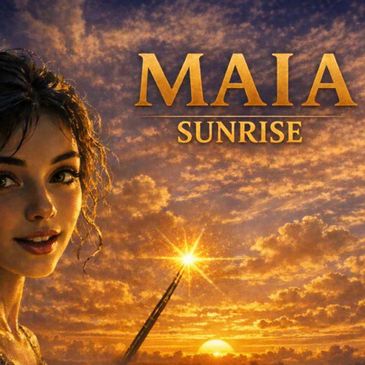 Fantasy-themed artwork featuring a woman and a magical sunrise titled 'Maia Sunrise'.