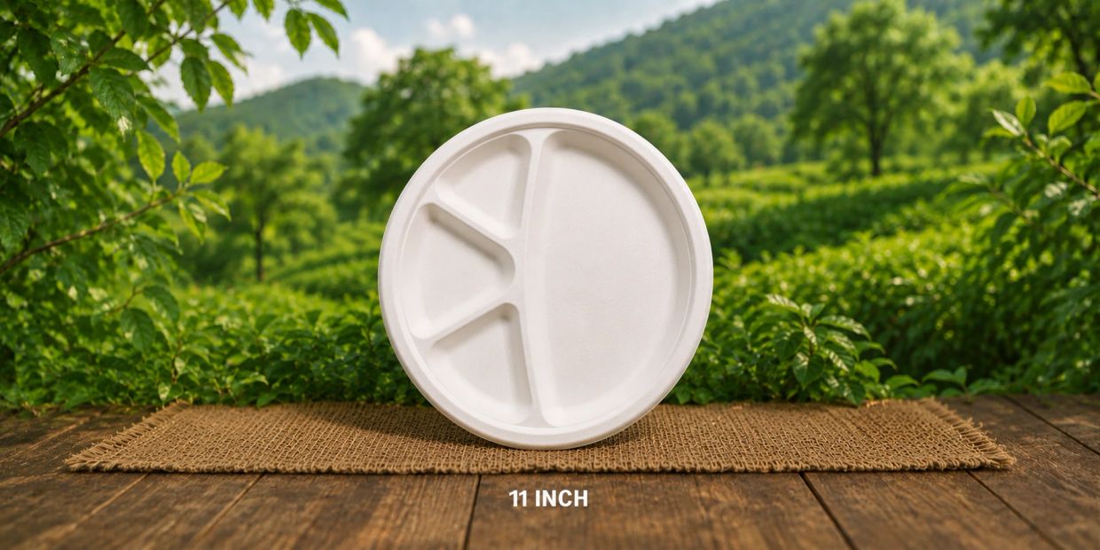 11-inch round white compartment plate on a rustic table with greenery background.