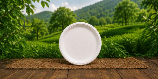 A plain white circular plate on a rustic wooden table with green hills in the background.