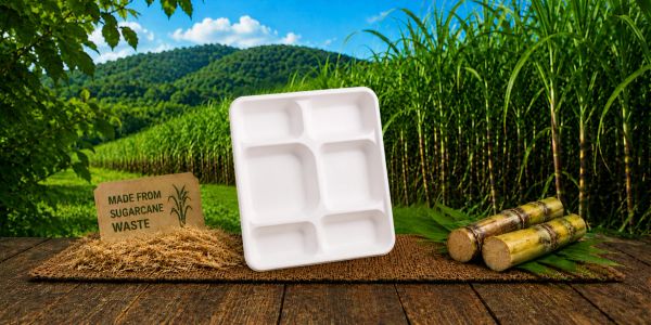 Eco-friendly tray made from sugarcane waste in a lush sugarcane field.