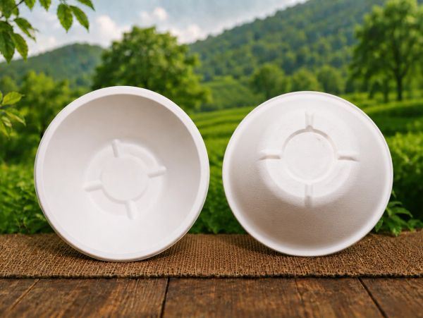 Two white biodegradable bowls outdoors on a wooden surface.