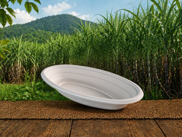 A white oval plate on a rustic table with greenery and mountains in the background.