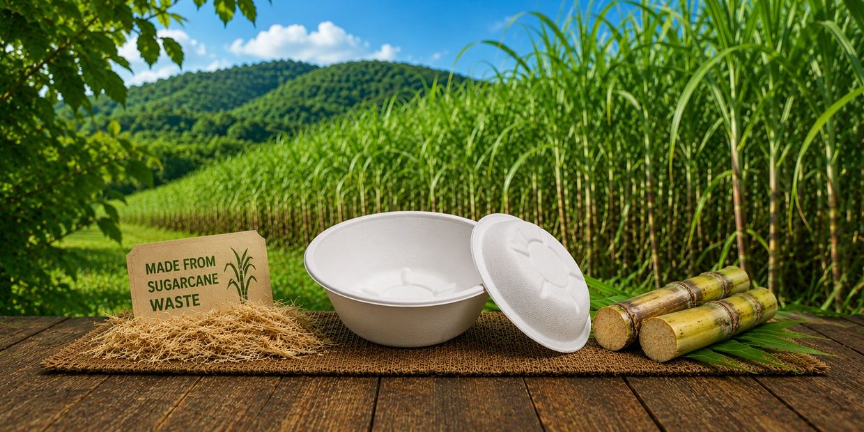 Eco-friendly bowl made from sugarcane waste displayed in a lush sugarcane field.