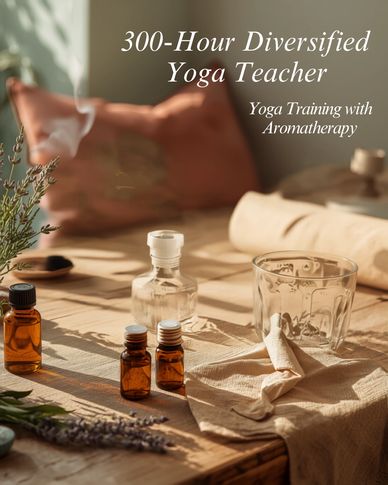 Aromatherapy bottles on wooden table with yoga training text.