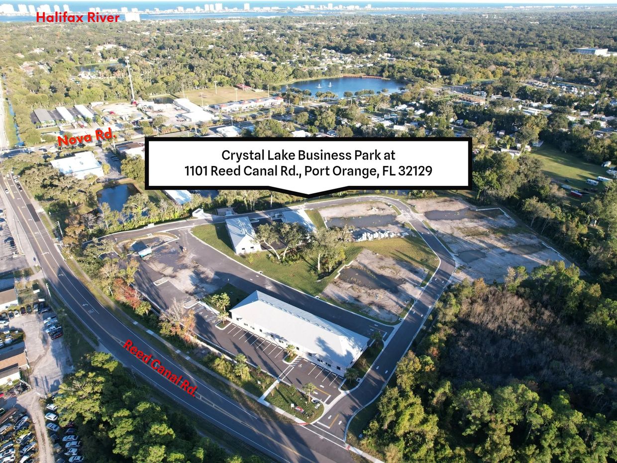 Aerial view of Crystal Lake Business Park in Port Orange, FL, near Halifax River and Nova Rd.