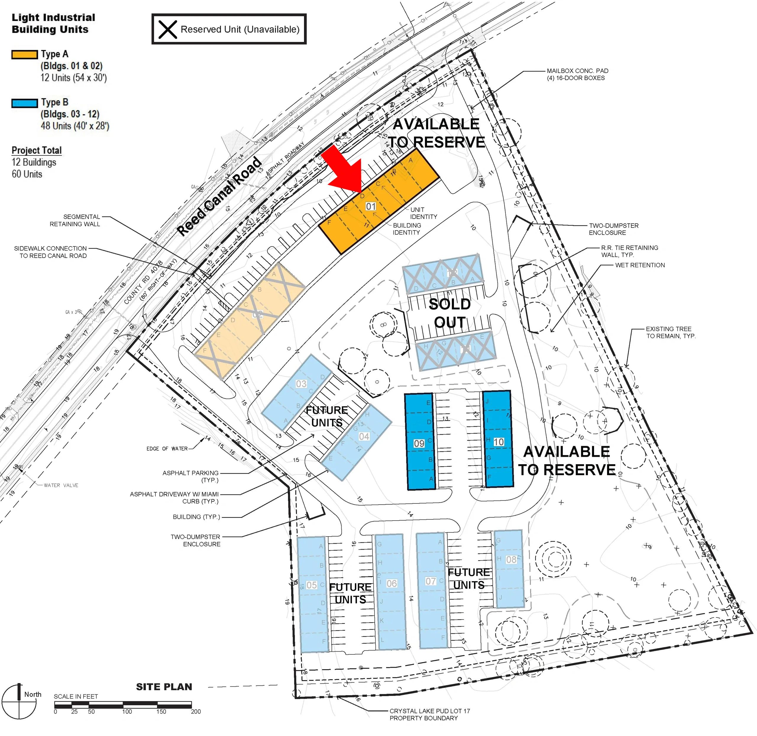 Site plan of light industrial building units with reserved and available areas marked.