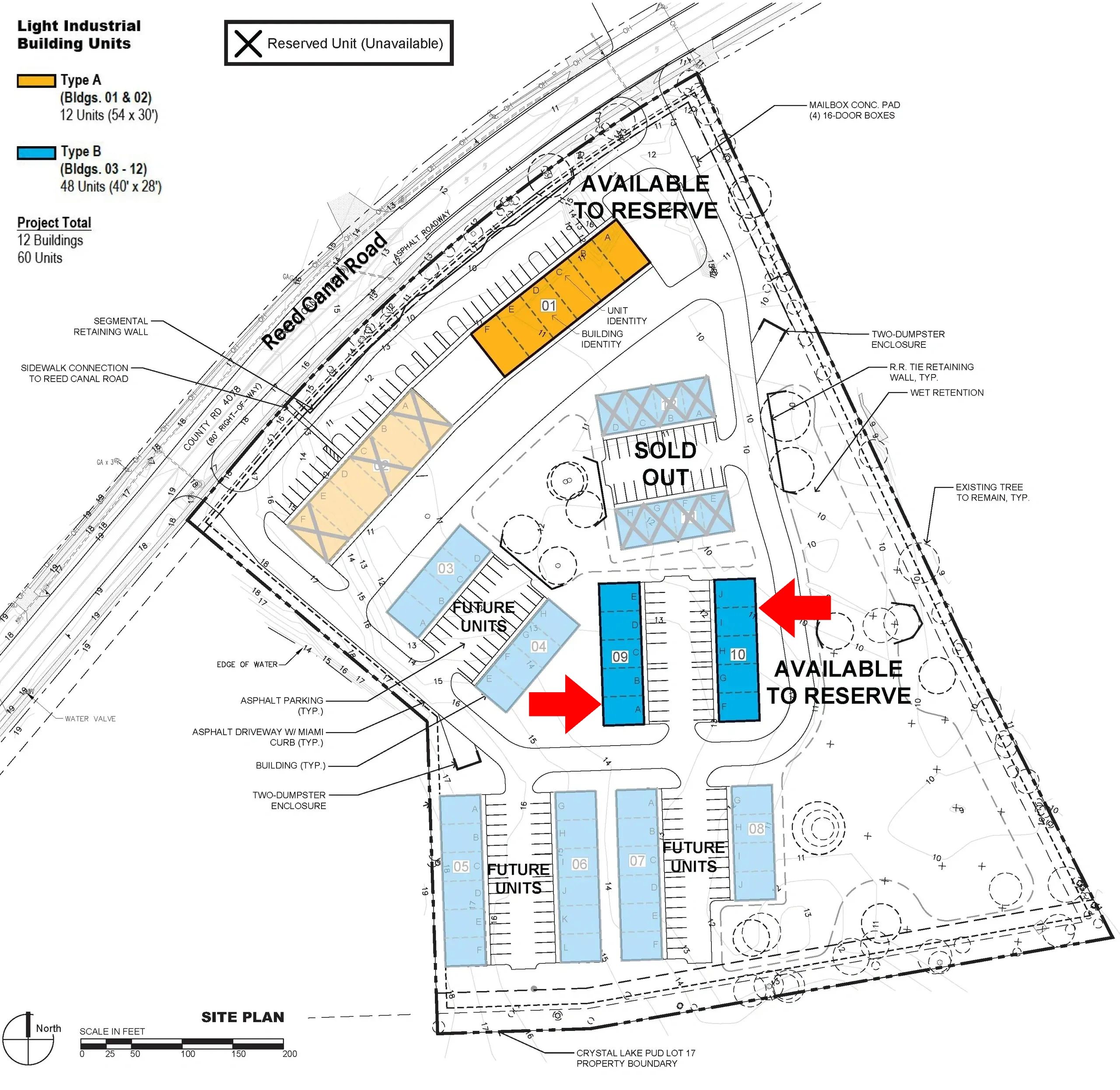Site plan of light industrial building units with reserved and available units marked.