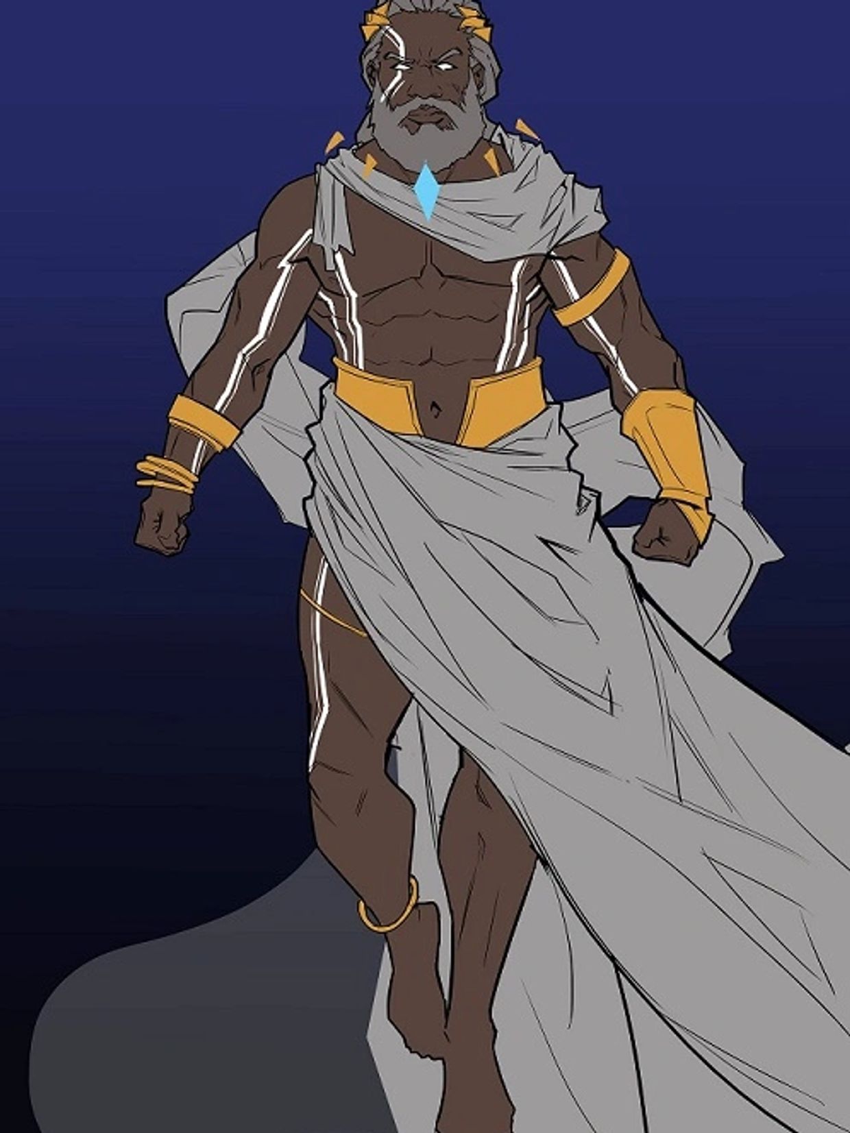 Powerful dark-skinned warrior with glowing white markings and flowing gray cloak.