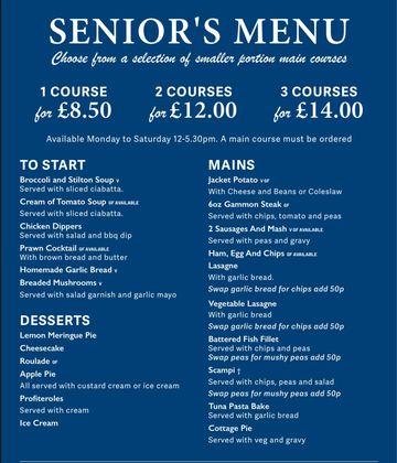 Senior's menu with 1, 2, or 3 courses priced from £8.50 to £14.00.