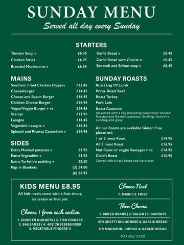 Sunday menu featuring starters, mains, sides, roasts, and kids menu.